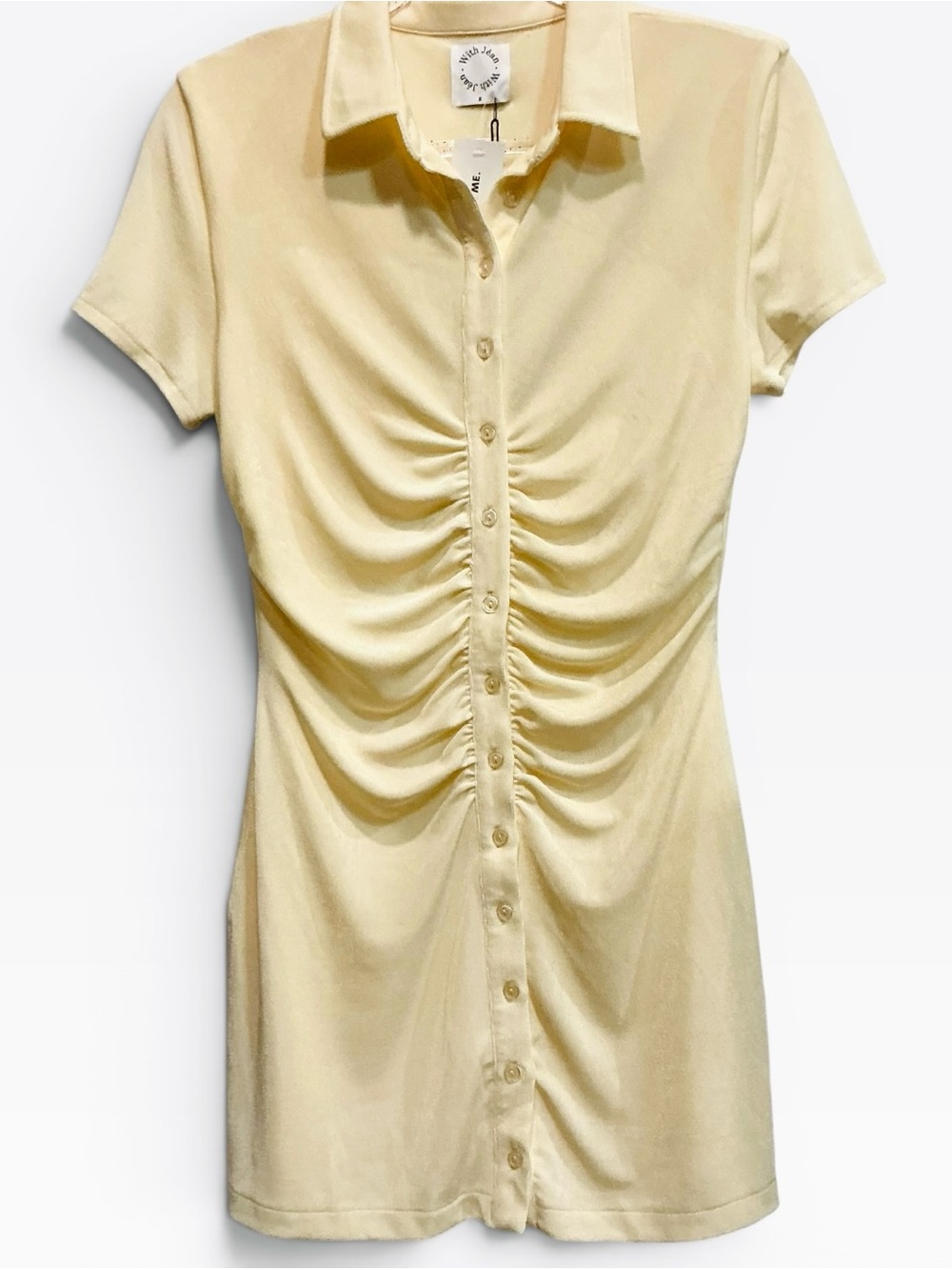 NWT With Jean ALEXA Buttercream Yellow Ruched Slinky Mini Shirt DRESS Small - Picture 3 of 6